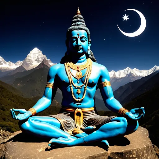 Prompt: grey skinned Shiva calmly meditating in the mountains, a small crescent moon near his forehead where three white lines cross this third eye, one hand held up showing his open palm which shows a tiny shining star, the other resting on his knee, sitting in lotus posture with his cobra wrapped around his neck and his trident and his well decorated bull Nandi standing in the background. The mantra "OM NAMAHA SHIVAYA" is shown at the bottom of the image
