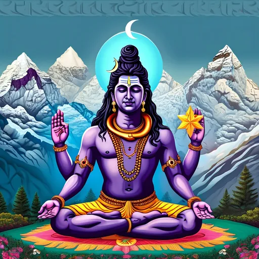 Prompt: Shiva calmly meditating in the mountains, a small crescent moon near his forehead where three white lines cross this third eye, one hand held up showing his open palm which shows a tiny shining star, the other resting on his knee, sitting in lotus posture with his cobra wrapped around his neck and his trident and his well decorated bull Nandi standing in the background. The mantra "OM NAMAHA SHIVAYA" is shown at the bottom of the image
