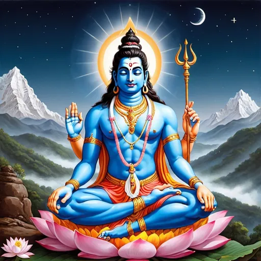 Prompt: Shiva calmly meditating in the mountains, a small cresent moon near his forehead where three white lines cross this third eye, one hand held up showing his open palm which shows a tiny shining star, the other resting on his knee, sitting in lotus posture withhis cobra wrapped around his neck and his trident and his well decorated bull Nandi standing in the background. The mantra "OM NAMAHA SHIVAYA" is shown at the bottom of the image., 
