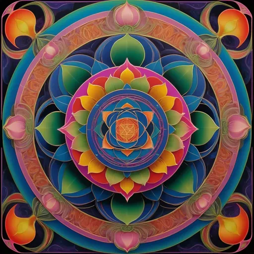 Prompt: Psychedelic fantasy art nouveau of a yantra, highres, detailed, vibrant colors, intricate patterns, curvilinear linear style, lotus flower, Ray Metzker style, surrealism, fantasy, art nouveau, vibrant colors, intricate details, psychedelic, detailed patterns, intricate linework, professional lighting