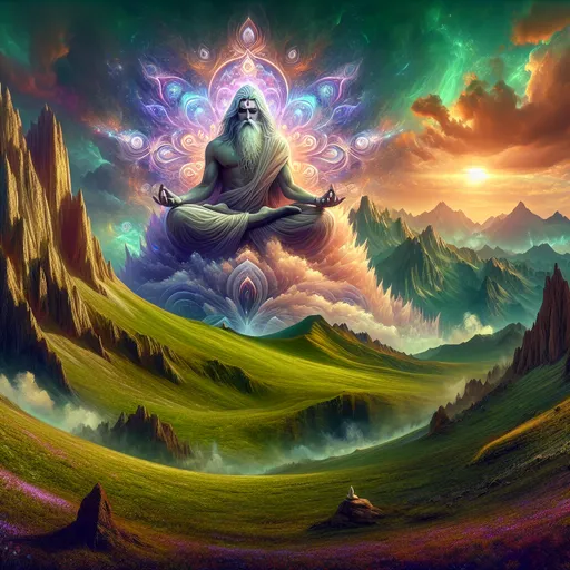 Prompt: A divine and captivating image of Lord Shiva, perched majestically atop a towering mountain. His serene presence fills the air as he sits in deep meditation, his eyes closed and hands resting in the 'Dhyana Mudra.' The lush green grass below him contrasts beautifully with the rugged mountainous terrain. The sky above is a stunning blend of orange, purple, and blue hues, further enhancing the ethereal ambiance of the scene. Beneath the deity, the small text "Om Haum Jum Sah" and "Namaha Shivaya," both in the same cursive font, reverberates, emanating a sense of peace and tranquility 64 megapixels detailed painting mandelbulb