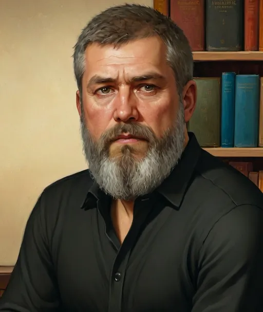 Prompt: (captivating character portrait), a bearded man in a (sleek black shirt), sitting in front of a (detailed bookshelf) filled with books, (academic art style), influenced by (Boris Vladimirski) and (Ignacio Fernandez Rios), soft warm lighting enhancing the mood, subtle facial expressions reflecting a thoughtful demeanor, (high-quality, ultra-detailed).