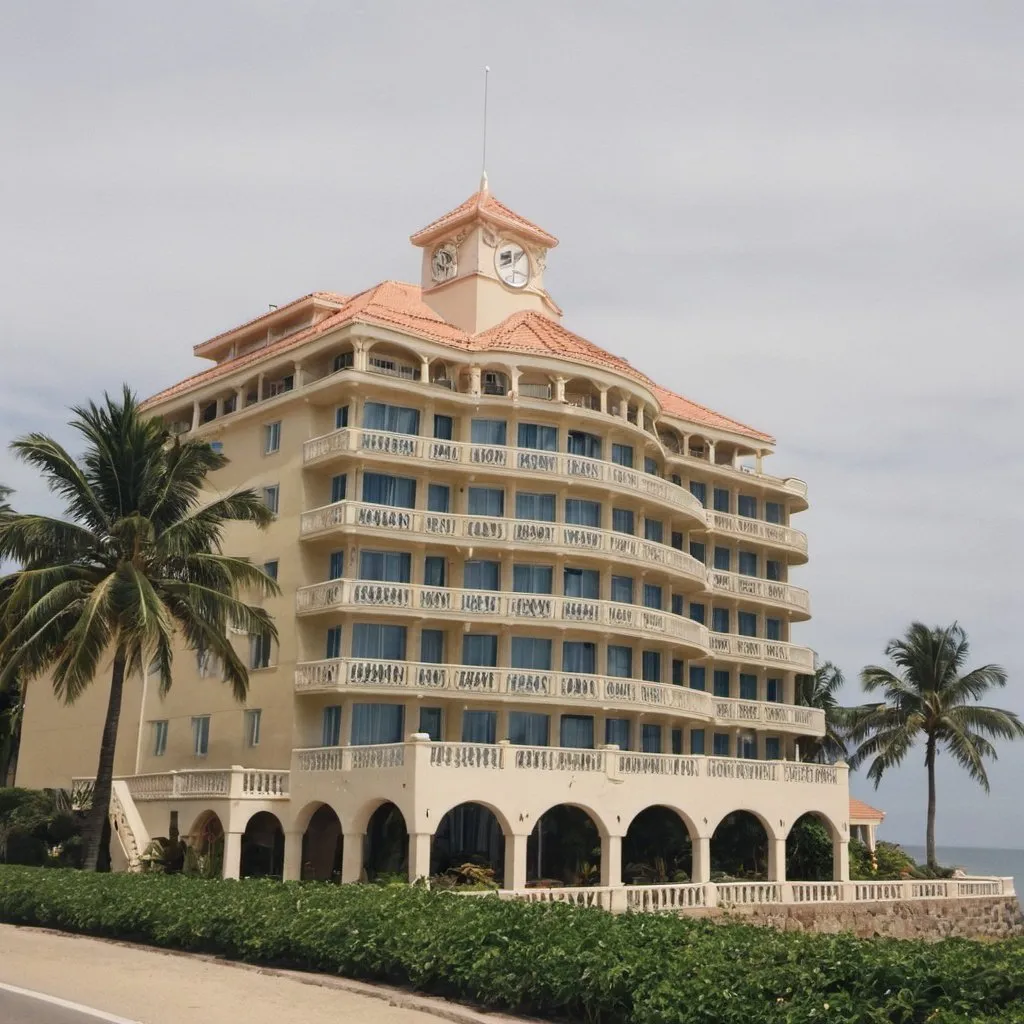 Prompt: A luxurious  building next to the beachfront hotel 