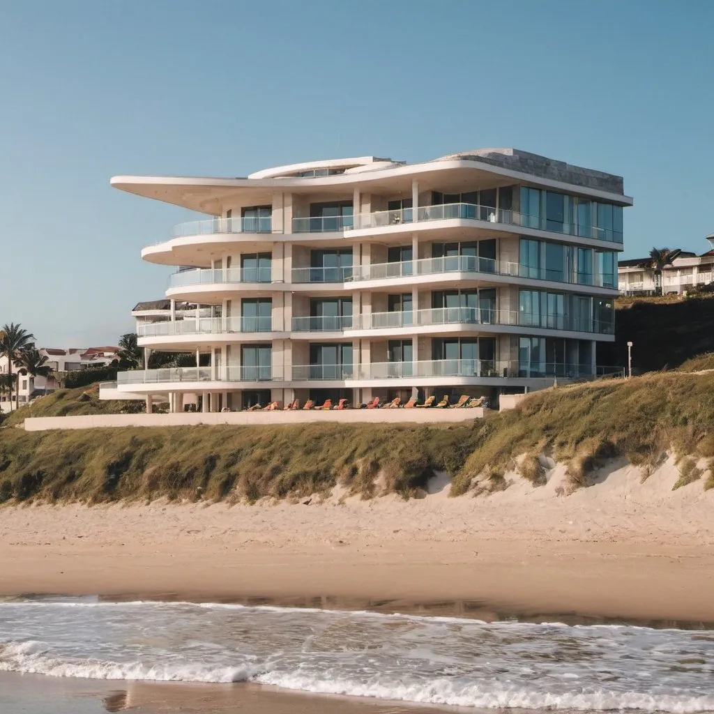 Prompt: A luxurious mordren building next to the beach 