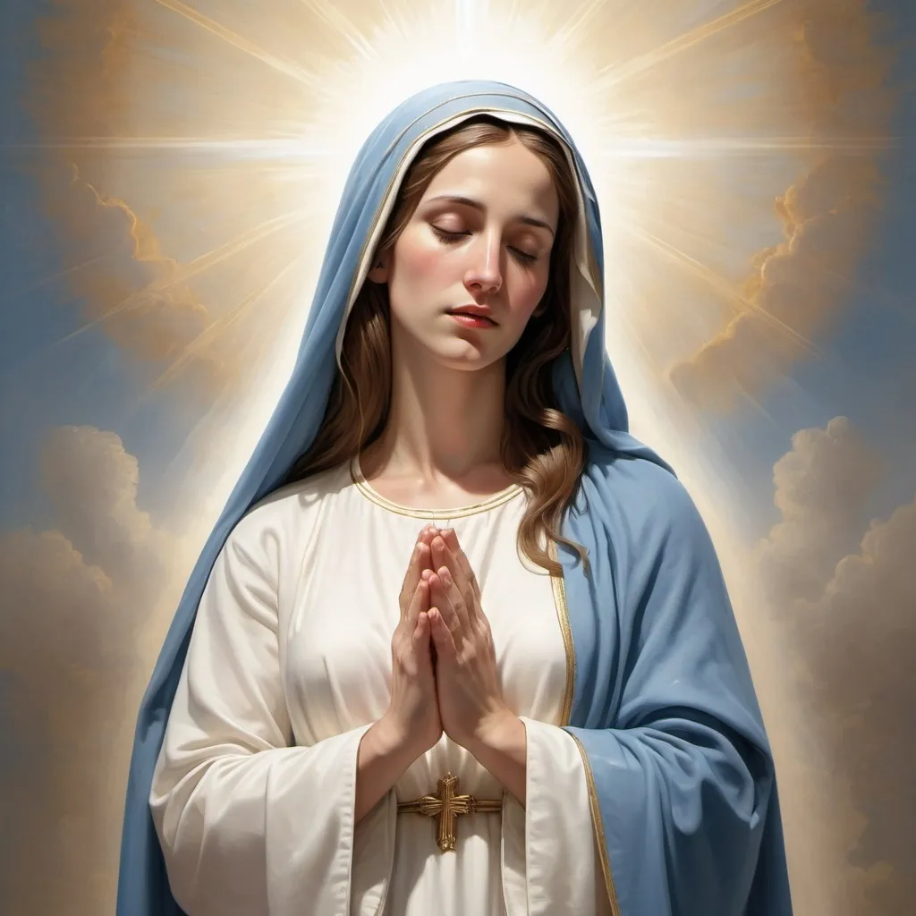 Prompt: Create a high-resolution, realistic image of Mother Mary praying to Jesus in a heavenly setting. Mother Mary should be depicted wearing a white dress with a blue veil, her posture humble and reverent. Jesus stands in front of her, dressed in a white and golden robe, facing the viewer. He has long hair, a beard, and nail-pierced wounds with blood stains clearly visible in His palms. The image should capture the full bodies of both Jesus and Mary. The heavenly background should be bright and filled with light, creating a sacred and peaceful atmosphere that highlights the divinity and grace of the scene.