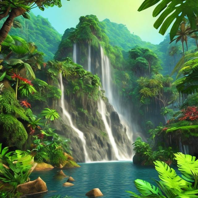 Prompt: a waterfall in the middle of a lush green forest, wet lush jungle landscape, isometric 3d fantasy island, 3d landscape, 3 d landscape, beautiful jungle landscape, waterfall background, 3 d virtual landscape painting, beautiful jungle, water landscape, amazon rainforest background, jungle landscape, lush evergreen forest, 3d graphics, 3 d graphics, lush exotic vegetation