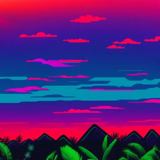 Prompt: a  retrowave  blacklight  sunset scene with mountains and palm trees, colorful flat surreal, intricate rainbow environment, flat surreal psychedelic colors, psychedelic landscape, sunset psychedelic, vivid abstract landscape, colorful flat surreal design, colourful flat surreal design, psychedelic vibrant colors, retro psychedelic illustration, bright psychedelic color, psychedelic background, amazing red green 
jungle background  background, psychedelic aesthetic, epic background, rainbow background, vivid psychedelic colors