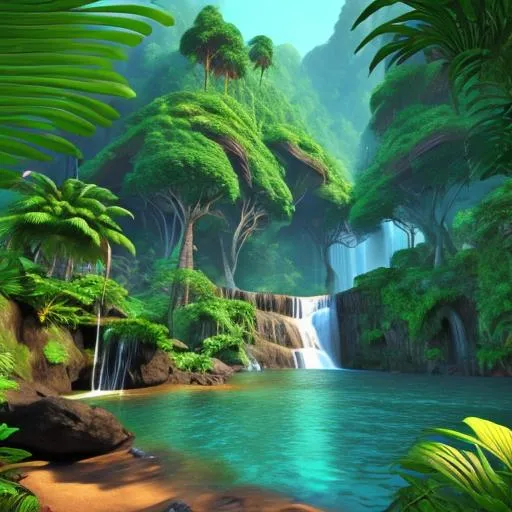 Prompt: a waterfall in the middle of a lush green forest, wet lush jungle landscape, isometric 3d fantasy island, 3d landscape, 3 d landscape, beautiful jungle landscape, waterfall background, 3 d virtual landscape painting, beautiful jungle, water landscape, amazon rainforest background, jungle landscape, lush evergreen forest, 3d graphics, 3 d graphics, lush exotic vegetation