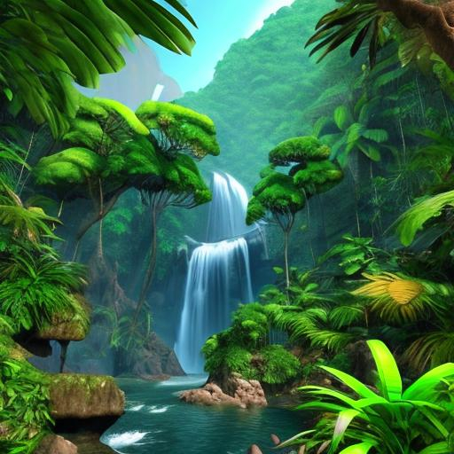 Prompt: a waterfall in the middle of a lush green forest, wet lush jungle landscape, isometric 3d fantasy island, 3d landscape, 3 d landscape, beautiful jungle landscape, waterfall background, 3 d virtual landscape painting, beautiful jungle, water landscape, amazon rainforest background, jungle landscape, lush evergreen forest, 3d graphics, 3 d graphics, lush exotic vegetation