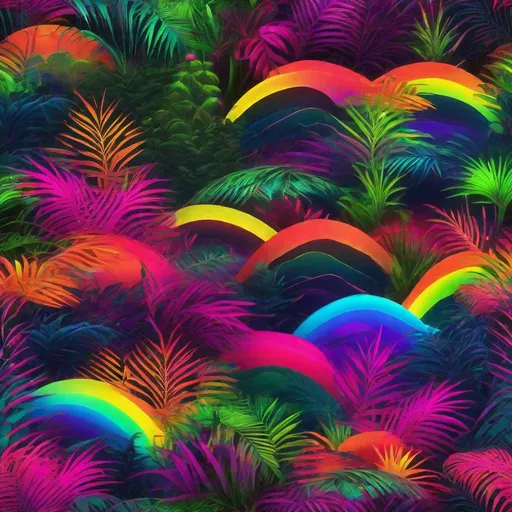 Prompt: NEON  FLORESCENT  RAINBOW COLORED AMAZONIAN render jungles of Neverland's ethereal glow paradise islands in the style of JAY-TAG-NFTX723ZXL and SPACEX-NASA 
