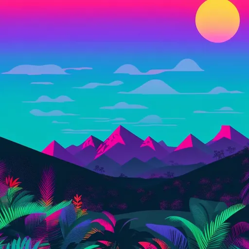 Prompt: a  retrowave  blacklight  sunset scene with mountains and palm trees, colorful flat surreal, intricate rainbow environment, flat surreal psychedelic colors, psychedelic landscape, sunset psychedelic, vivid abstract landscape, colorful flat surreal design, colourful flat surreal design, psychedelic vibrant colors, retro psychedelic illustration, bright psychedelic color, psychedelic background, amazing red green 
jungle background  background, psychedelic aesthetic, epic background, rainbow background, vivid psychedelic colors