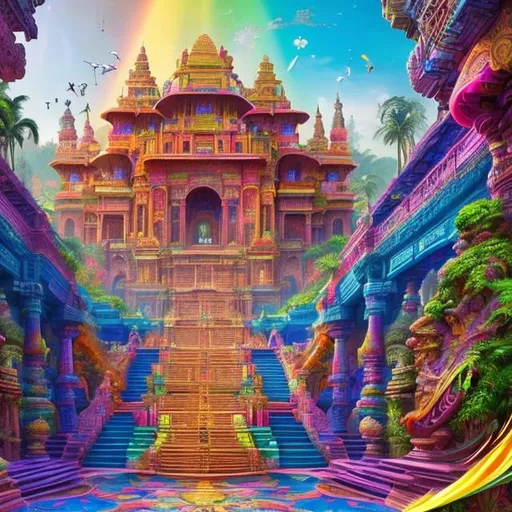 Prompt: The image depicts a colorful and vibrant scene with a large, futuristic structure surrounded by lush greenery and a rainbow-colored staircase. The structure appears to be a temple or a palace, with multiple levels and a tall, pointed roof. The staircase leads up to the entrance of the structure, which is adorned with intricate designs and patterns. The scene is set against a bright, sunny background with a clear blue sky. The overall atmosphere of the image is one of fantasy and wonder, evoking a sense of adventure and exploration.