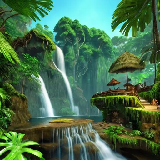 Prompt: a waterfall in the middle of a lush green forest, wet lush jungle landscape, isometric 3d fantasy island, 3d landscape, 3 d landscape, beautiful jungle landscape, waterfall background, 3 d virtual landscape painting, beautiful jungle, water landscape, amazon rainforest background, jungle landscape, lush evergreen forest, 3d graphics, 3 d graphics, lush exotic vegetation