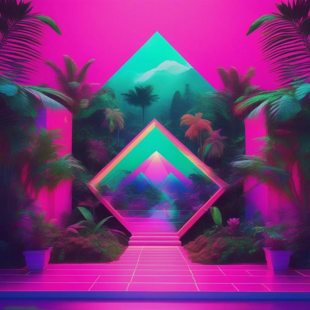 Prompt: Create a piece of art that combines 
 various  colorful  colors   &geometric  shapes in a realistic style,  of solarpunk  vaporwave  synthwave  DALIMAX  Clara room Beyonce Pinterest contest winner 🏆  masterpiece  rainforest  photography 
