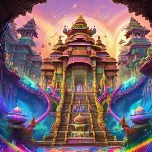 Prompt: The image depicts a colorful and vibrant scene with a large, futuristic structure surrounded by lush greenery and a rainbow-colored staircase. The structure appears to be a temple or a palace, with multiple levels and a tall, pointed roof. The staircase leads up to the entrance of the structure, which is adorned with intricate designs and patterns. The scene is set against a bright, sunny background with a clear blue sky. The overall atmosphere of the image is one of fantasy and wonder, evoking a sense of adventure and exploration.
