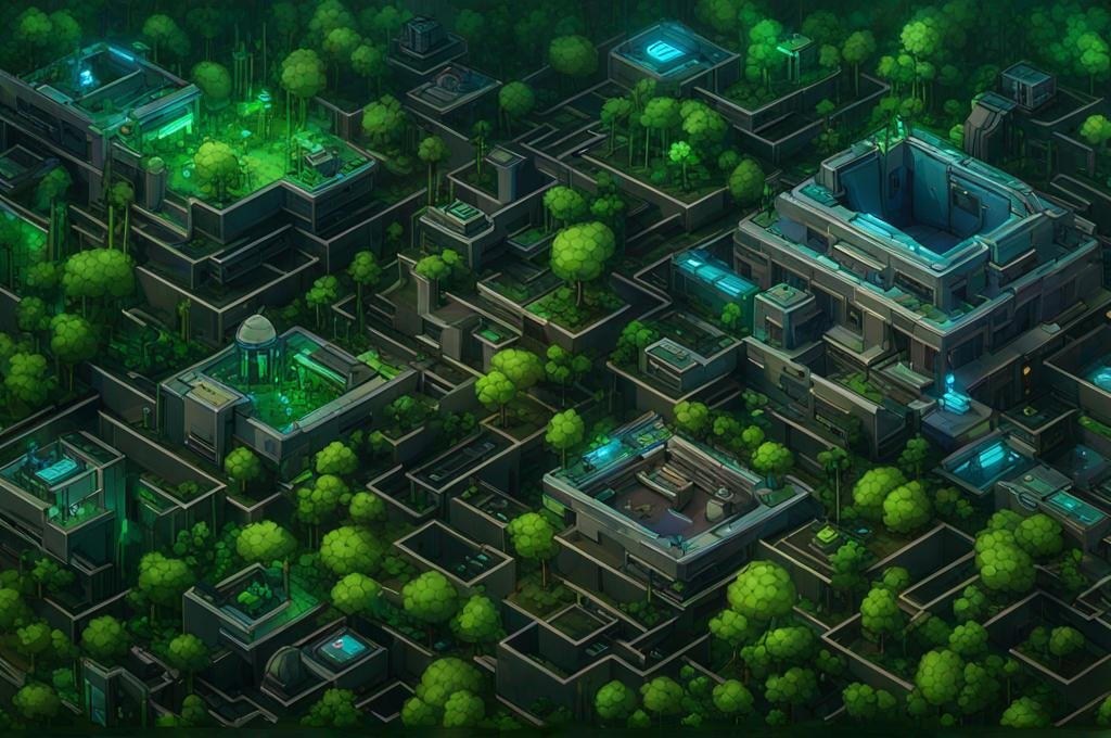 Prompt: a building with plants growing out of the roof, isometric futuristic building, sci-fi building. isometric view, cyberpunk in foliage, isometric 2 d game art, isometric game art, solarpunk city, cybernetic city background, bioluminescent cyber - garden, isometric palace, isometric futuristic game, very detailed isometric