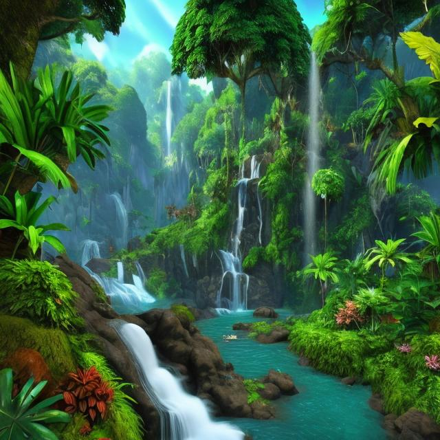 Prompt: a waterfall in the middle of a lush green forest, wet lush jungle landscape, isometric 3d fantasy island, 3d landscape, 3 d landscape, beautiful jungle landscape, waterfall background, 3 d virtual landscape painting, beautiful jungle, water landscape, amazon rainforest background, jungle landscape, lush evergreen forest, 3d graphics, 3 d graphics, lush exotic vegetation