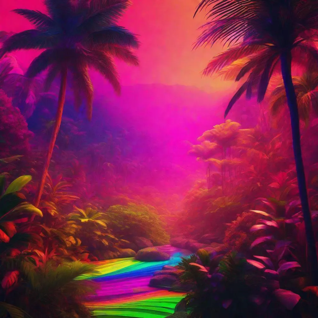 Prompt: NEON  FLORESCENT  RAINBOW COLORED AMAZONIAN RENDER CYCEDELIC ACIDWAVE  TROPICAL RAINFOREST WITH BOLD&THICK&RICH COLORS AND DYNAMIC lighting 
