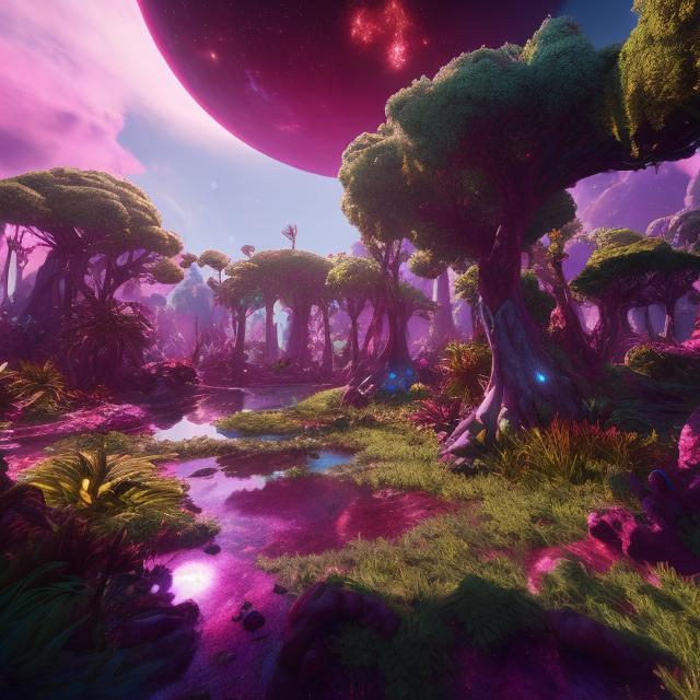 Prompt: Other world, fantasy planet, spaceunreal 5 engine render, global illumination. vfx,  synthwave  magical  garden 