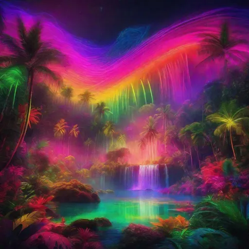 Prompt: NEON  FLORESCENT  RAINBOW COLORED AMAZONIAN render jungles of Neverland's ethereal glow paradise islands in the style of JAY-TAG-NFTX723ZXL and SPACEX-NASA 
