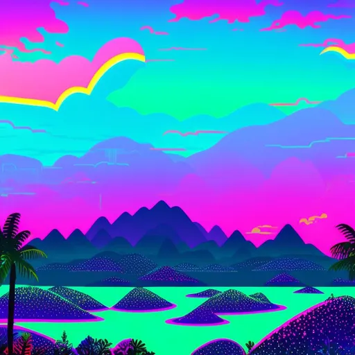 Prompt: a  retrowave  blacklight  sunset scene with mountains and palm trees, colorful flat surreal, intricate rainbow environment, flat surreal psychedelic colors, psychedelic landscape, sunset psychedelic, vivid abstract landscape, colorful flat surreal design, colourful flat surreal design, psychedelic vibrant colors, retro psychedelic illustration, bright psychedelic color, psychedelic background, amazing red green 
jungle background  background, psychedelic aesthetic, epic background, rainbow background, vivid psychedelic colors