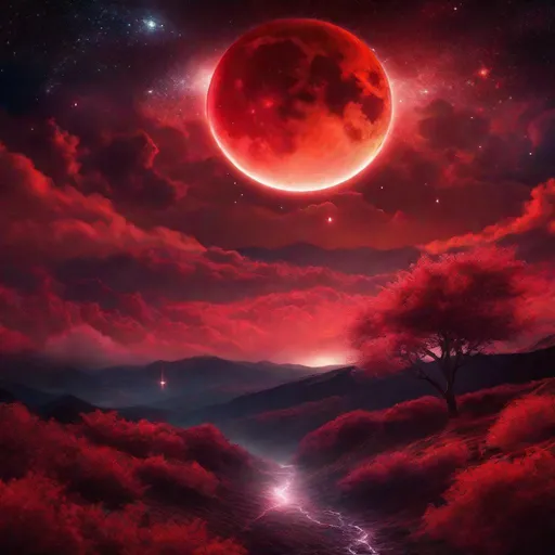 Prompt: Ethereal red eclipse with vibrant dark colors, red moon, fantasy scenery, detailed stars and clouds, mystical and beautiful, high quality, fantasy, ethereal, vibrant dark colors, detailed stars, detailed clouds, mystical, beautiful, deep, sparkles, atmospheric lighting, wallpaper, background, anime style, beautiful aura, utopia, bright constellations, ethereal light in dark, bright