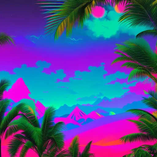 Prompt: a  retrowave  blacklight  sunset scene with mountains AMYTHYST CRYSTALS 
 and palm trees, colorful flat surreal, intricate rainbow environment, flat surreal psychedelic colors, psychedelic landscape, sunset psychedelic, vivid abstract landscape, colorful flat surreal design, colourful flat surreal design, psychedelic vibrant colors, retro psychedelic illustration, bright psychedelic color, psychedelic background, amazing red green 
jungle background  background, psychedelic aesthetic, epic background, rainbow background, vivid psychedelic colors red green  orange and purple  color  jungle filled with exotic plants and towering trees 🌳 