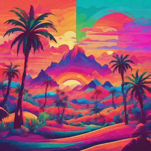 Prompt: a sunset scene with mountains and palm trees, colorful flat surreal, intricate rainbow environment, flat surreal psychedelic colors, psychedelic landscape, sunset psychedelic, vivid abstract landscape, colorful flat surreal design, colourful flat surreal design, psychedelic vibrant colors, retro psychedelic illustration, bright psychedelic color, psychedelic background, amazing background, psychedelic aesthetic, epic background, rainbow background, vivid psychedelic colors