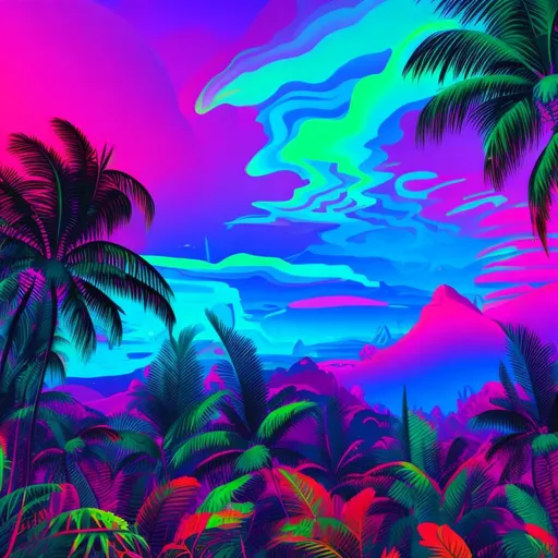 Prompt: a  retrowave  blacklight  sunset scene with mountains AMYTHYST CRYSTALS 
 and palm trees, colorful flat surreal, intricate rainbow environment, flat surreal psychedelic colors, psychedelic landscape, sunset psychedelic, vivid abstract landscape, colorful flat surreal design, colourful flat surreal design, psychedelic vibrant colors, retro psychedelic illustration, bright psychedelic color, psychedelic background, amazing red green 
jungle background  background, psychedelic aesthetic, epic background, rainbow background, vivid psychedelic colors red green  orange and purple  color  jungle filled with exotic plants and towering trees 🌳 