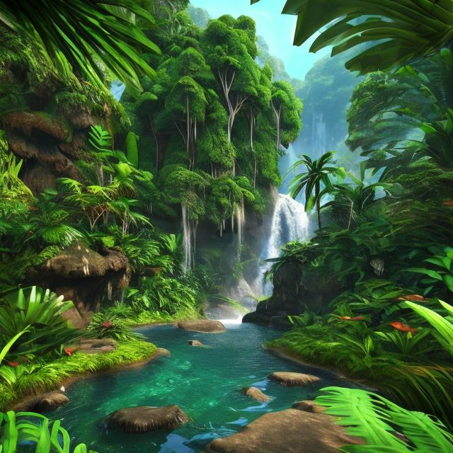 Prompt: a waterfall in the middle of a lush green forest, wet lush jungle landscape, isometric 3d fantasy island, 3d landscape, 3 d landscape, beautiful jungle landscape, waterfall background, 3 d virtual landscape painting, beautiful jungle, water landscape, amazon rainforest background, jungle landscape, lush evergreen forest, 3d graphics, 3 d graphics, lush exotic vegetation