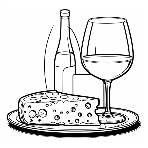 Prompt: B&W coloring book page, line art, solid white background, Wine Glass and Cheese - A glass of wine with a small plate of cheese.
