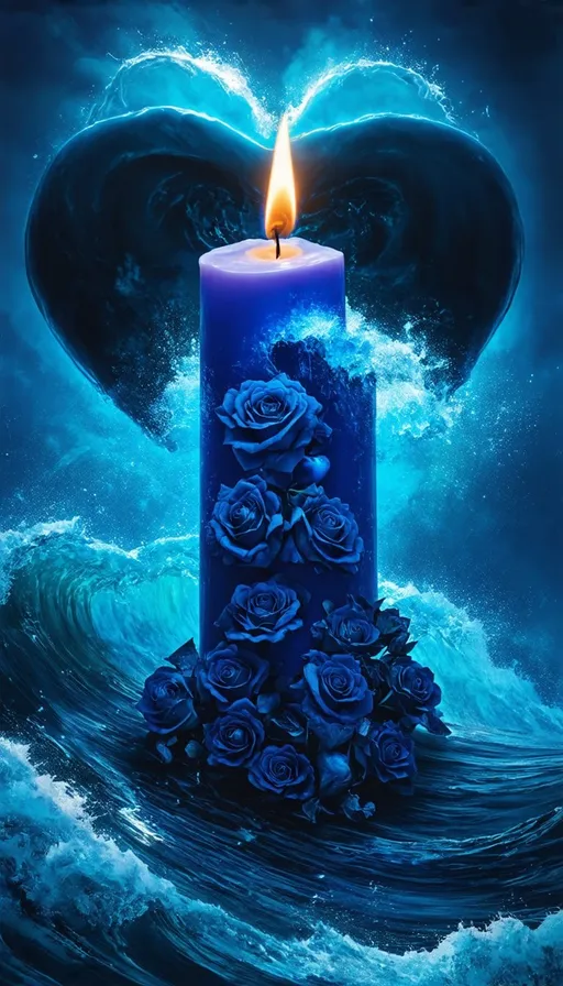 Prompt: Giant blue hearts over a raging Blue Ocean, dark Gothic roses, giant blue candle with flame ice eyes and mouth, queen of blue hearts, blue tidal wave, detailed sea foam, highres, detailed, gothic, surreal, vibrant blues, intense lighting