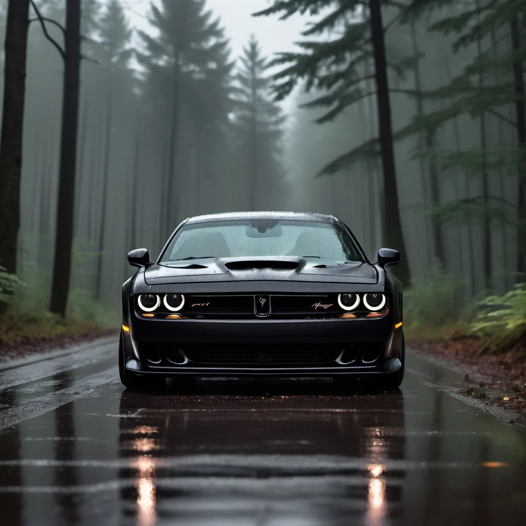 Prompt: A black customized hellcat on a rainy day in the forest witj the rain pouring. the iomage in a very darjk setting with only tyhe slight monlight giving the kloghrt