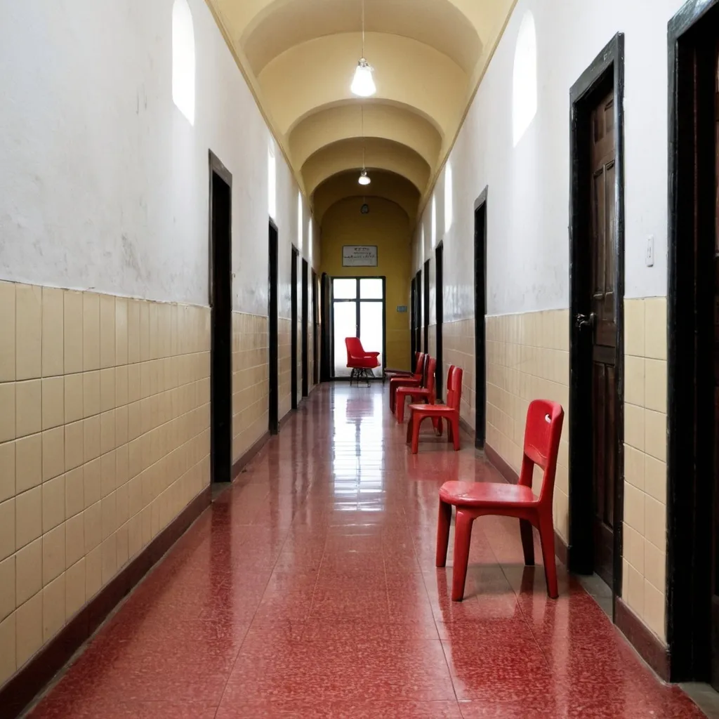 Prompt: a long hallway with a tiled floor and a red chair and a red chair on the other side of the hallway, Ceferí Olivé, quito school, interior, a photo