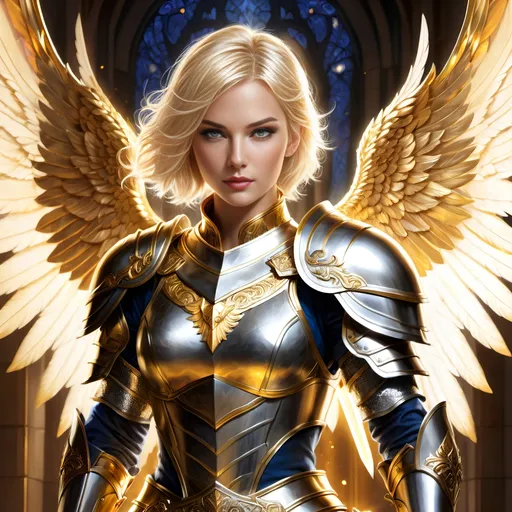Prompt: Fantasy illustration of a fierce blonde paladin with short hair, wearing intricate silver armor, wielding a radiant sword, majestic fantasy setting, high fantasy, detailed facial features, heroic stance, intricate armor details, golden lighting, best quality, highres, ultra-detailed, fantasy, paladin, blonde, armored, heroic, majestic setting, radiant sword, detailed eyes, professional, golden lighting, angel wings, blue eyes