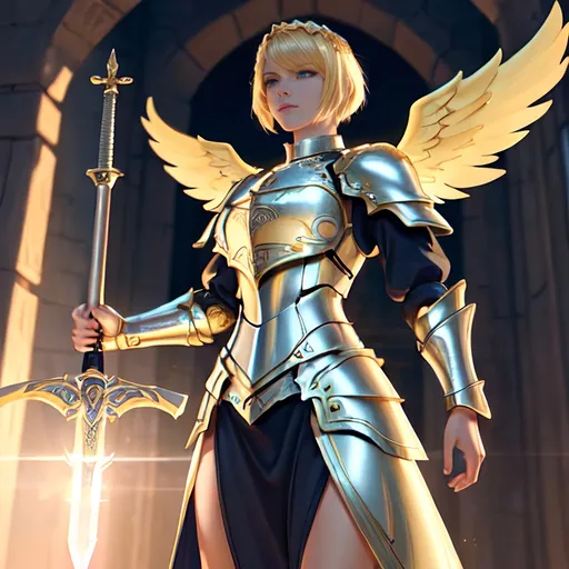 Prompt: Fantasy illustration of a fierce blonde paladin with short hair, wearing intricate silver armor, wielding a radiant sword, majestic fantasy setting, high fantasy, detailed facial features, heroic stance, intricate armor details, golden lighting, best quality, highres, ultra-detailed, fantasy, paladin, blonde, armored, heroic, majestic setting, radiant sword, detailed eyes, professional, golden lighting, angel wings, blue eyes