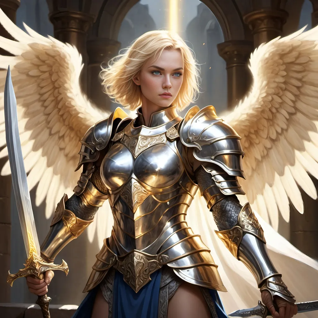 Prompt: Fantasy illustration of a fierce blonde paladin with short hair, wearing intricate silver armor, wielding a radiant sword, majestic fantasy setting, high fantasy, detailed facial features, heroic stance, intricate armor details, golden lighting, best quality, highres, ultra-detailed, fantasy, paladin, blonde, armored, heroic, majestic setting, radiant sword, detailed eyes, professional, golden lighting, angel wings, blue eyes