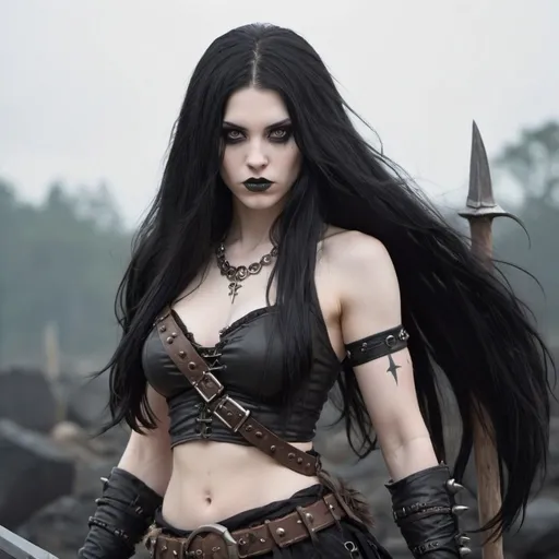 Prompt: Female, pale, gothic, barbarian, long black hair