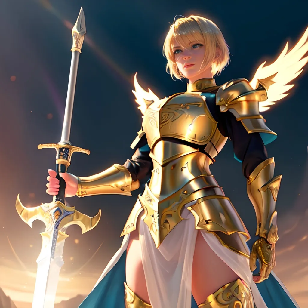 Prompt: Fantasy illustration of a fierce blonde paladin with short hair, wearing intricate silver armor, wielding a radiant sword, majestic fantasy setting, high fantasy, detailed facial features, heroic stance, intricate armor details, golden lighting, best quality, highres, ultra-detailed, fantasy, paladin, blonde, armored, heroic, majestic setting, radiant sword, detailed eyes, professional, golden lighting, angel wings, blue eyes