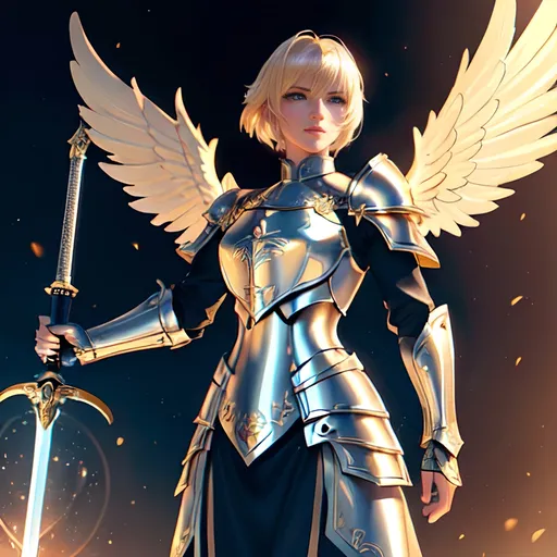 Prompt: Fantasy illustration of a fierce blonde paladin with short hair, wearing intricate silver armor, wielding a radiant sword, majestic fantasy setting, high fantasy, detailed facial features, heroic stance, intricate armor details, golden lighting, best quality, highres, ultra-detailed, fantasy, paladin, blonde, armored, heroic, majestic setting, radiant sword, detailed eyes, professional, golden lighting, angel wings, blue eyes