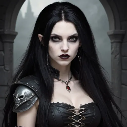 Prompt: Female, pale, gothic, vampire, barbarian, long black hair