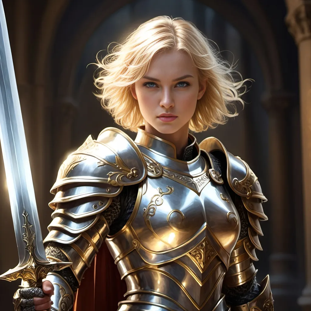 Prompt: Fantasy illustration of a fierce blonde paladin with short hair, wearing intricate silver armor, wielding a radiant sword, majestic fantasy setting, high fantasy, detailed facial features, heroic stance, intricate armor details, golden lighting, best quality, highres, ultra-detailed, fantasy, paladin, blonde, armored, heroic, majestic setting, radiant sword, detailed eyes, professional, golden lighting, angel wings, blue eyes