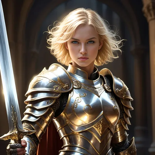 Prompt: Fantasy illustration of a fierce blonde paladin with short hair, wearing intricate silver armor, wielding a radiant sword, majestic fantasy setting, high fantasy, detailed facial features, heroic stance, intricate armor details, golden lighting, best quality, highres, ultra-detailed, fantasy, paladin, blonde, armored, heroic, majestic setting, radiant sword, detailed eyes, professional, golden lighting, angel wings, blue eyes