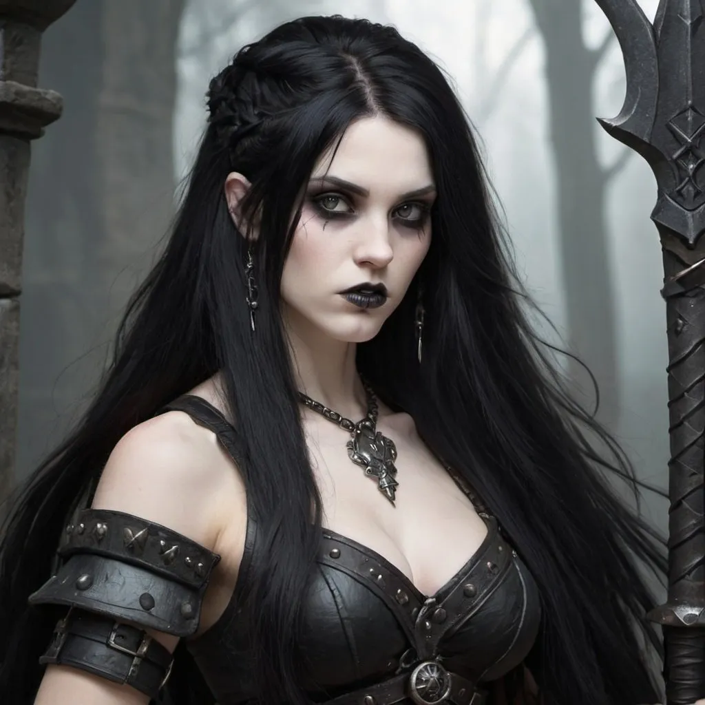 Prompt: Female, pale, gothic, barbarian, long black hair