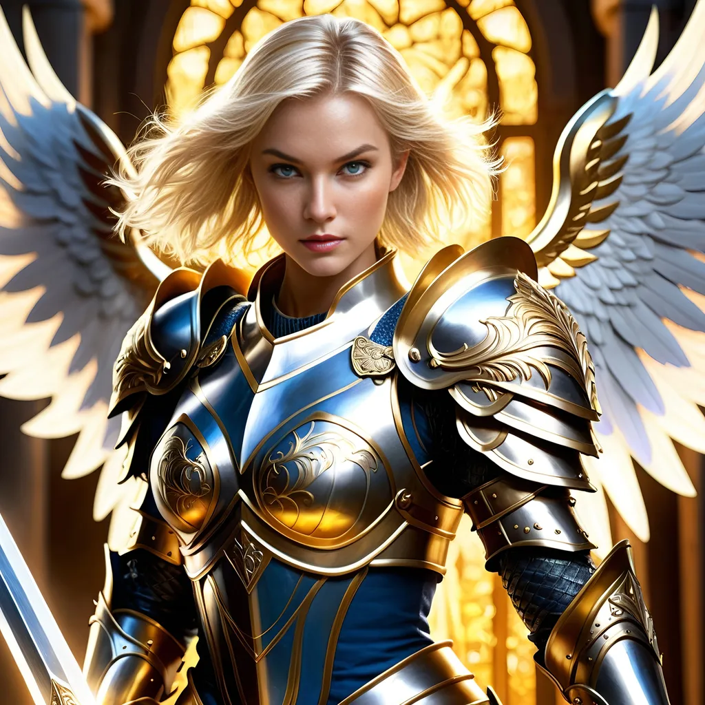 Prompt: Fantasy illustration of a fierce blonde paladin with short hair, wearing intricate silver armor, wielding a radiant sword, majestic fantasy setting, high fantasy, detailed facial features, heroic stance, intricate armor details, golden lighting, best quality, highres, ultra-detailed, fantasy, paladin, blonde, armored, heroic, majestic setting, radiant sword, detailed eyes, professional, golden lighting, angel wings, blue eyes