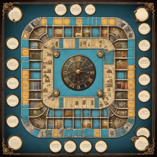 Prompt: "Create a detailed board game design for 'The Chronicles of the Time-Traveling Librarians'. The board should be rectangular with a central timeline running horizontally, divided into different historical epochs: Ancient Egypt, Renaissance, Victorian London, and Future City 2200. Each epoch should have its own distinct color and illustrations: gold and pyramids for Ancient Egypt, light blue and artworks for the Renaissance, dark tones and Victorian architecture for Victorian London, and bright futuristic designs for Future City 2200. Include a player area at the top right for placing figures and cards, and a deck area at the bottom left for the time travel cards. The overall style should be a mix of steampunk and futuristic elements."