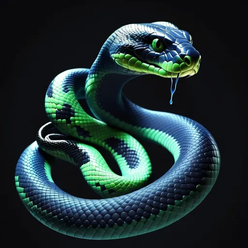 Prompt: a blue and black snake origin with a light green snake on it's chest and a black universe background 3D