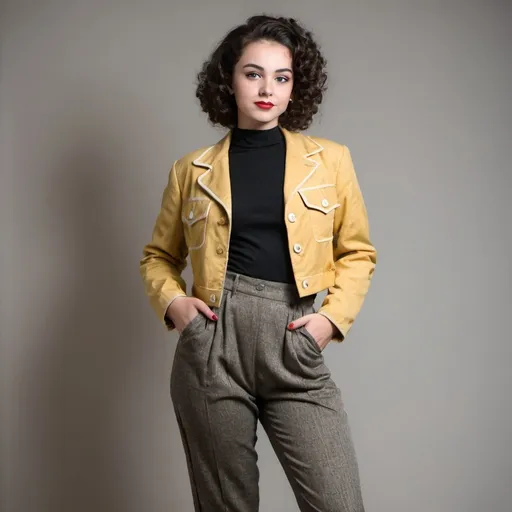 Prompt: young woman posing with vintage style jacket and pants