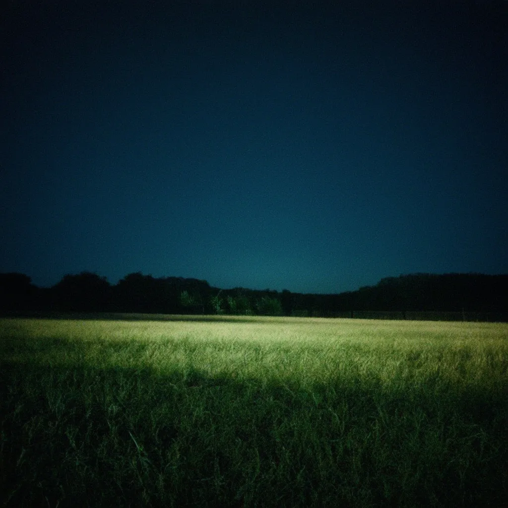 Prompt: Dark uncanny night-time photo of surreal rural field. Make the image look like it was taken from a phone camera with the flash on.