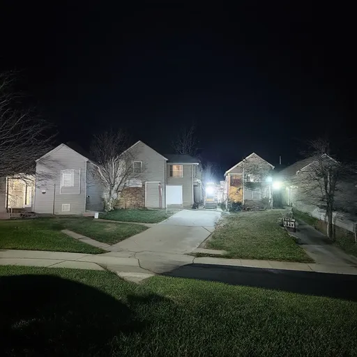 Prompt: Dark night-time photo of surreal suburban neighborhood. Make the image look like it was taken from a phone camera with the flash on.
